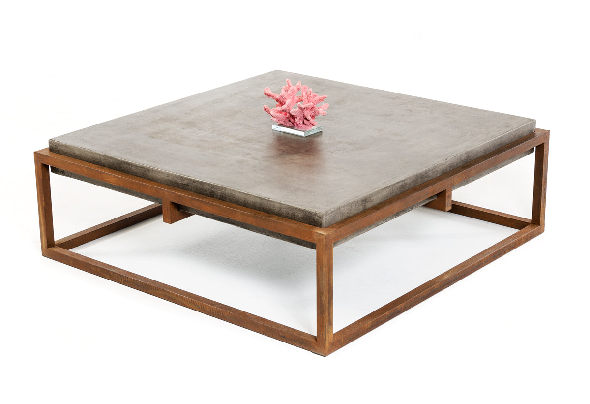 42" Dark Gray And Rust Concrete And Iron Square Coffee Table