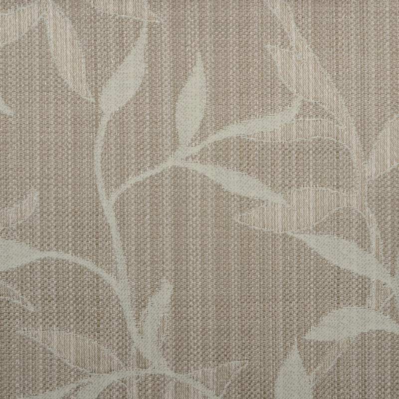 Beige linen-like upholstery fabric with a white botanical leaf pattern.