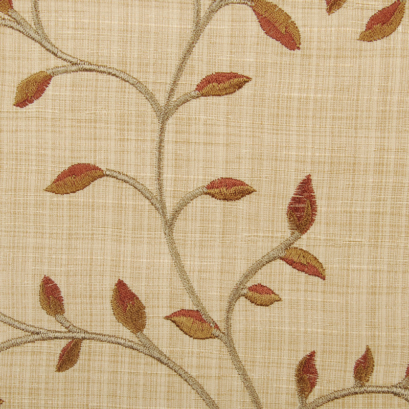 Beige botanical upholstery fabric with gray-brown branches and red-orange leaves in a woven pattern.