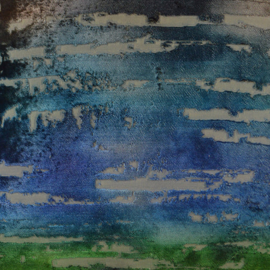 Abstract watercolor-inspired fabric pattern with horizontal blue, teal, and green stripes and beige gaps.