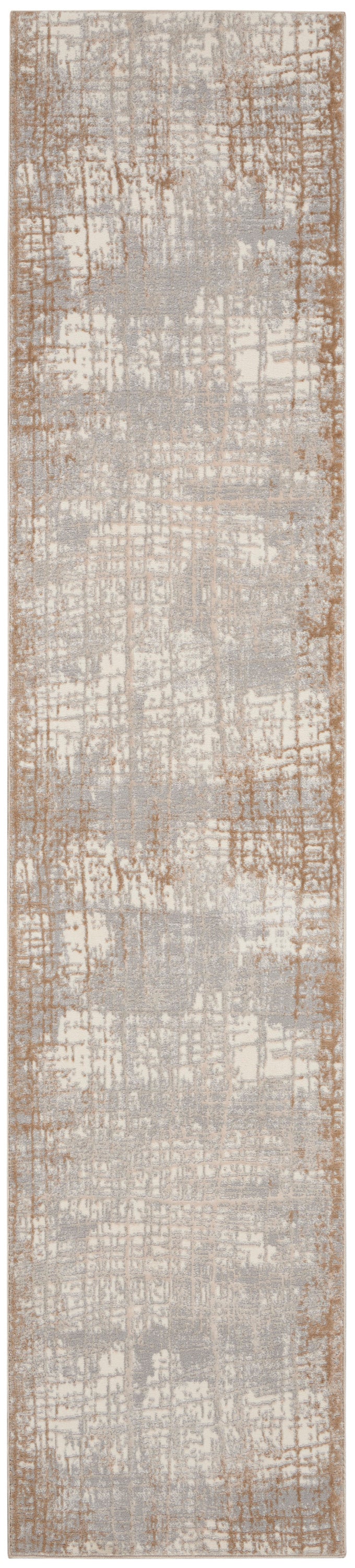 Neutral distressed rug runner in beige-gray with a soft brown border; textured woven look.