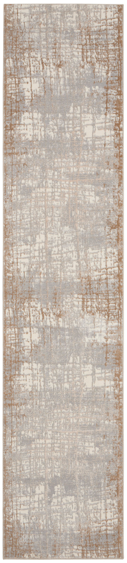 Neutral distressed rug runner in beige-gray with a soft brown border; textured woven look.