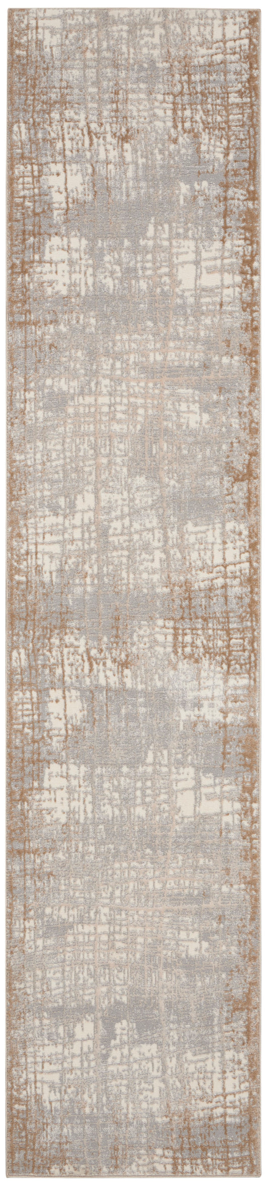 Neutral distressed rug runner in beige-gray with a soft brown border; textured woven look.