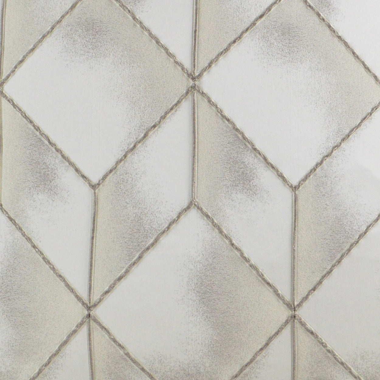 Beige-gray fabric with a repeating diamond quilted pattern and subtle metallic sheen along the seams.