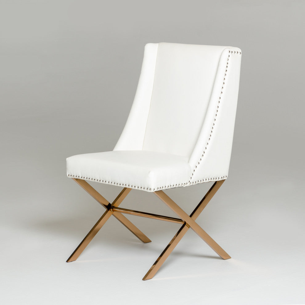 White And Gold Upholstered Faux Leather Dining Side Chair