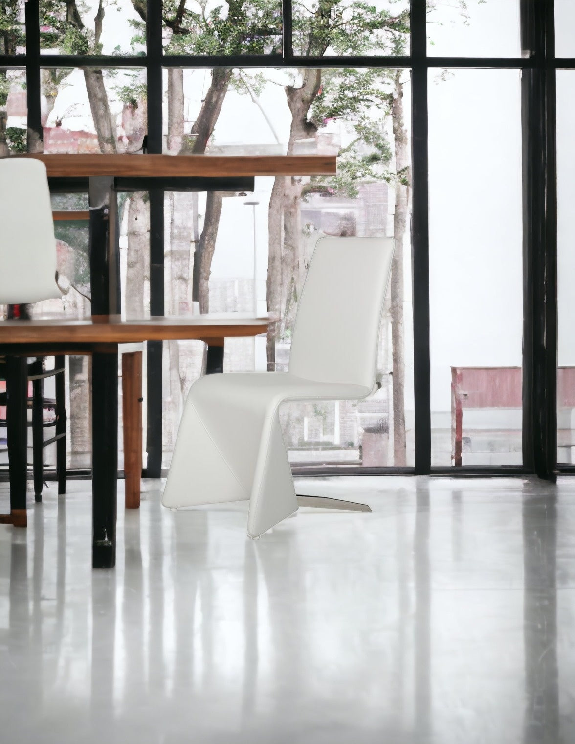 Set of Two White Upholstered Faux Leather Dining Side Chairs