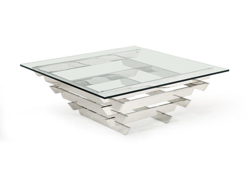 39" Clear And Silver Glass And Stainless Steel Square Coffee Table With Shelf