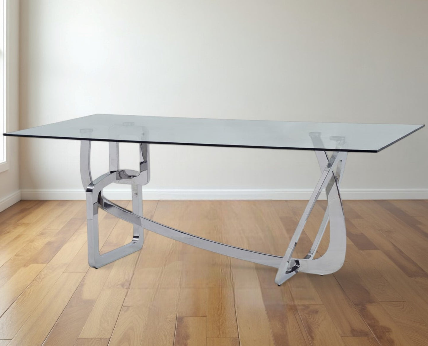 79" Clear And Silver Glass And Stainless Steel Trestle Base Dining Table