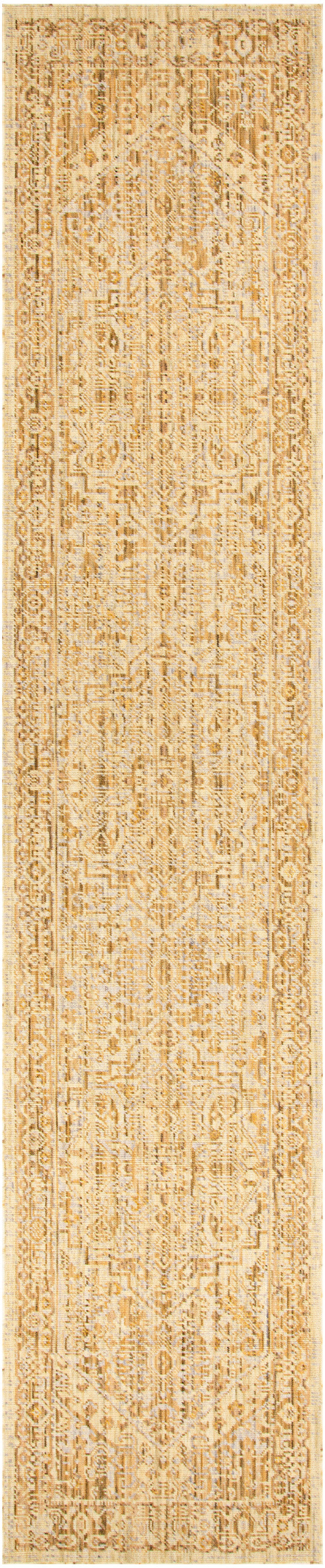 Beige woven runner rug with geometric patterns and ornate border; long, narrow tan tones.