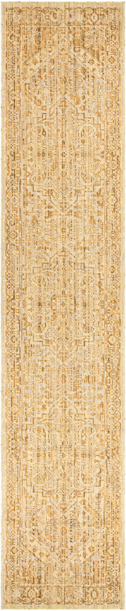 Beige woven runner rug with geometric patterns and ornate border; long, narrow tan tones.