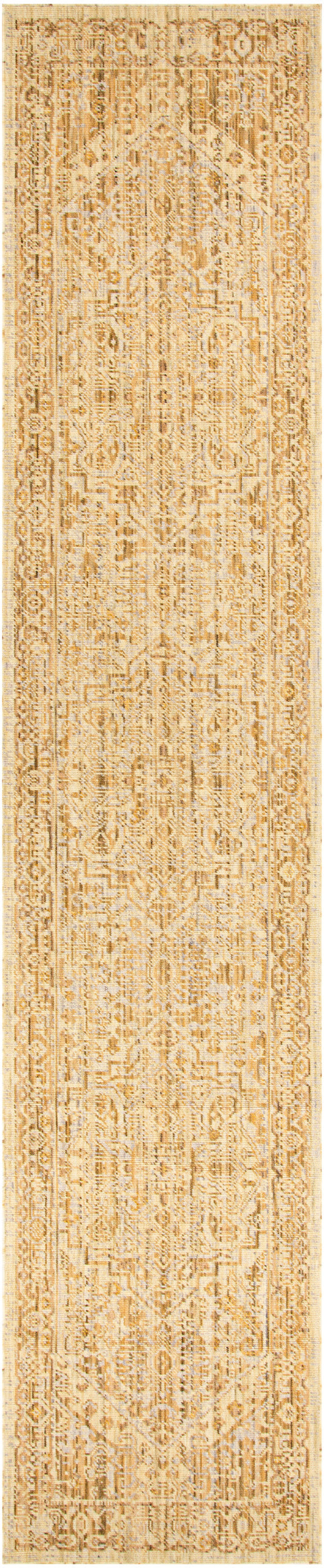 Beige woven runner rug with geometric patterns and ornate border; long, narrow tan tones.