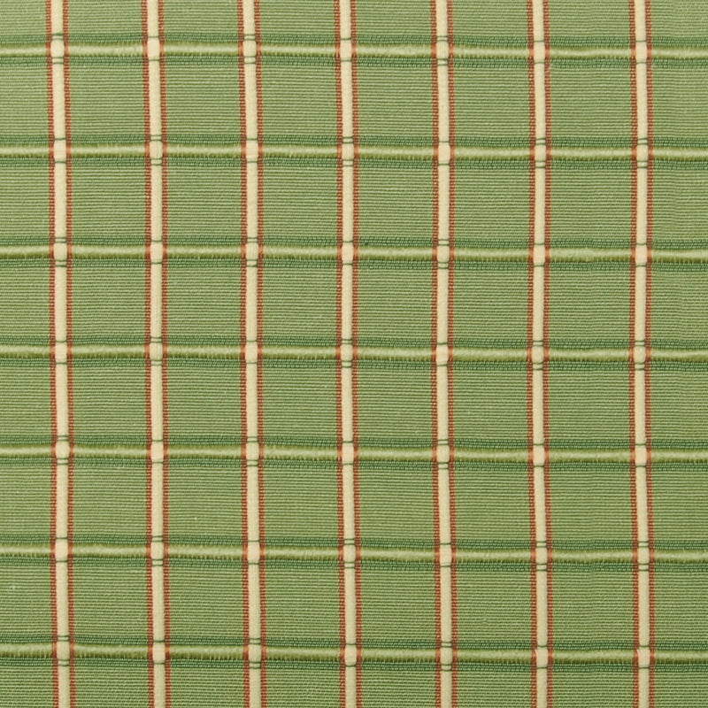 Green plaid fabric with white and red stripes, a woven textile with a ribbed grid pattern.