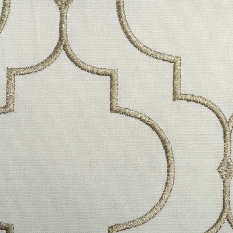 Cream linen fabric with beige embroidered Moroccan quatrefoil trellis pattern and subtle texture.