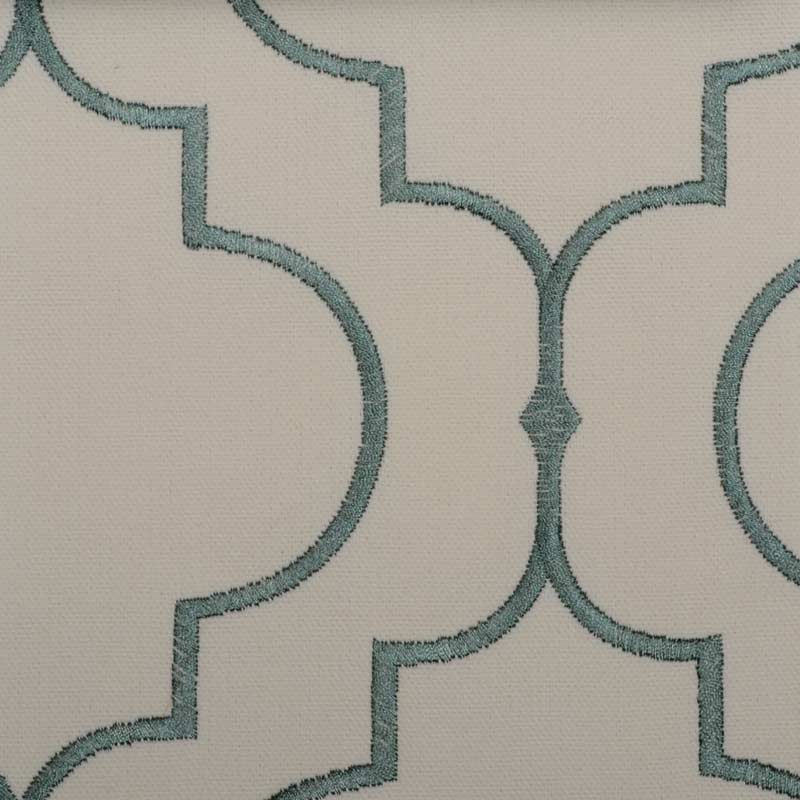 Beige fabric with teal geometric trellis pattern; repeating curved shapes for upholstery.