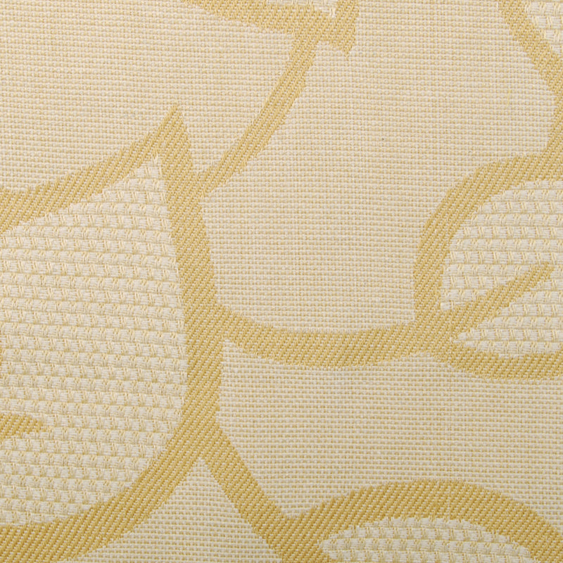 Woven cream fabric with pale yellow abstract floral scroll pattern; textured jacquard upholstery.