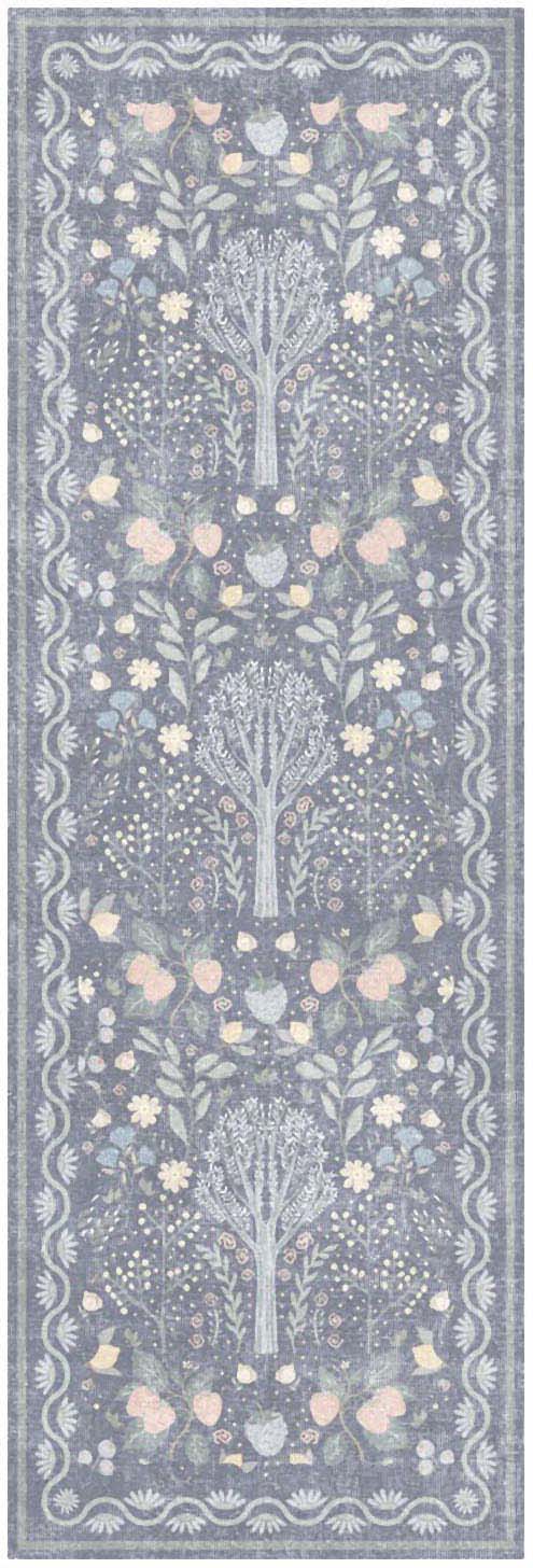 Blue-gray runner rug with repeating ivory tree-of-life motifs and pale pink cream blossoms; ornate bordered floral pattern.