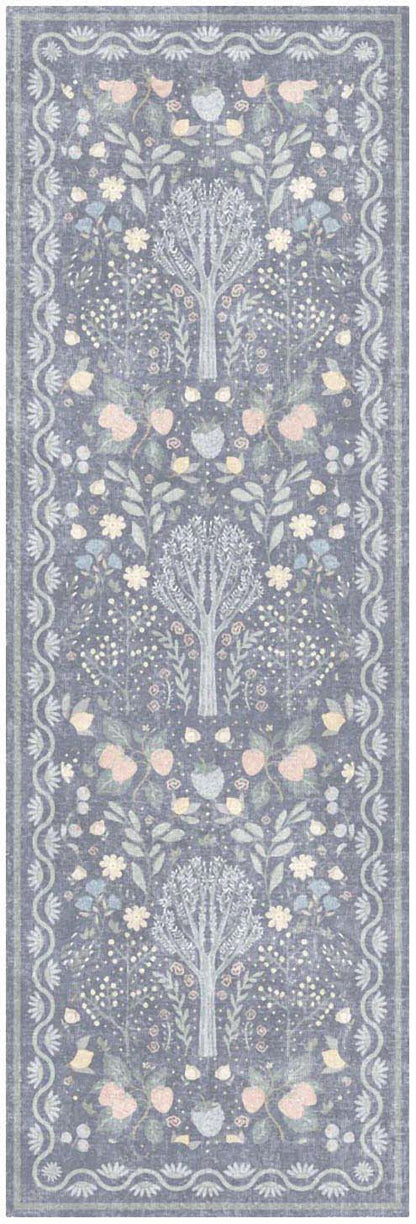 Blue-gray runner rug with repeating ivory tree-of-life motifs and pale pink cream blossoms; ornate bordered floral pattern.