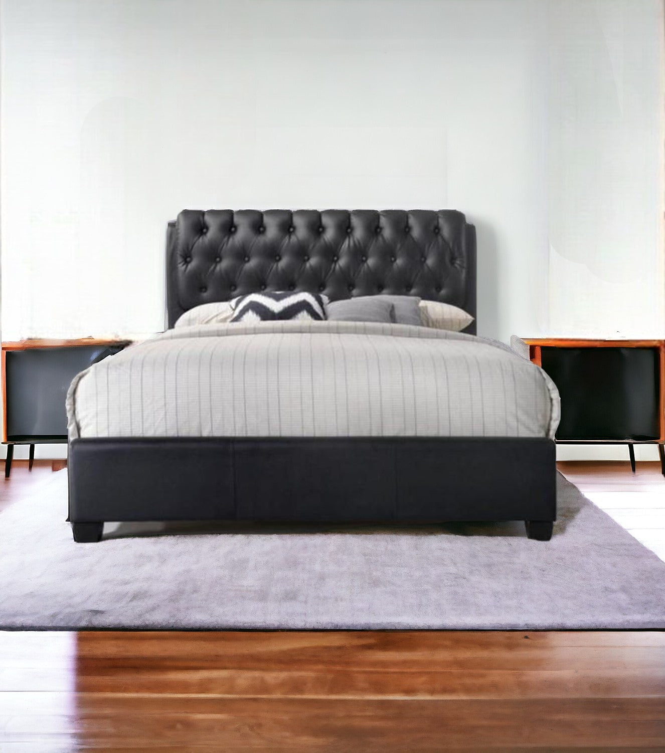 Queen Tufted Black Upholstered Faux Leather Bed With Nailhead Trim