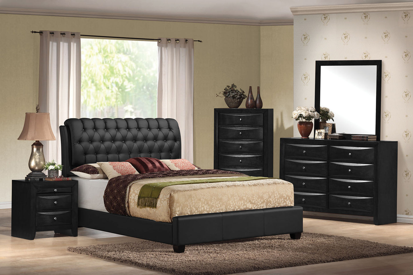 Queen Tufted Black Upholstered Faux Leather Bed With Nailhead Trim