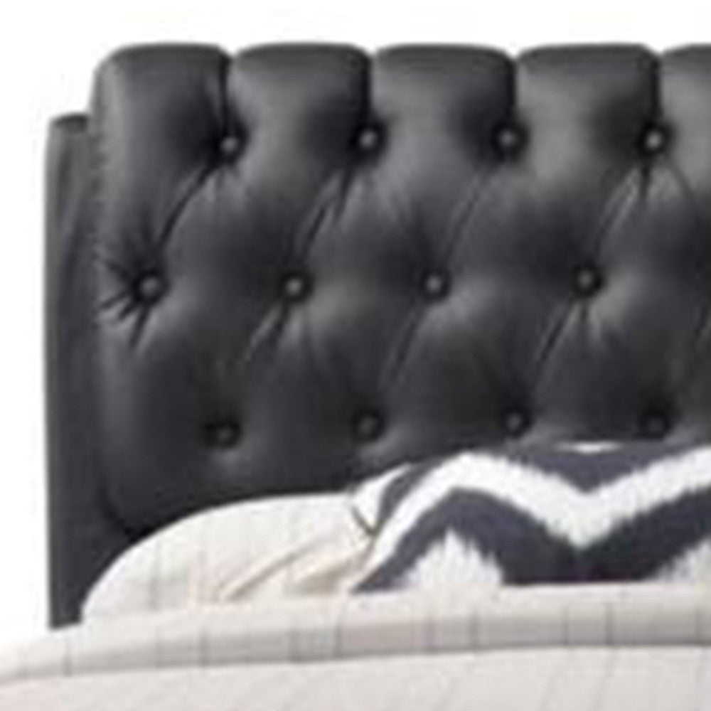 Queen Tufted Black Upholstered Faux Leather Bed With Nailhead Trim