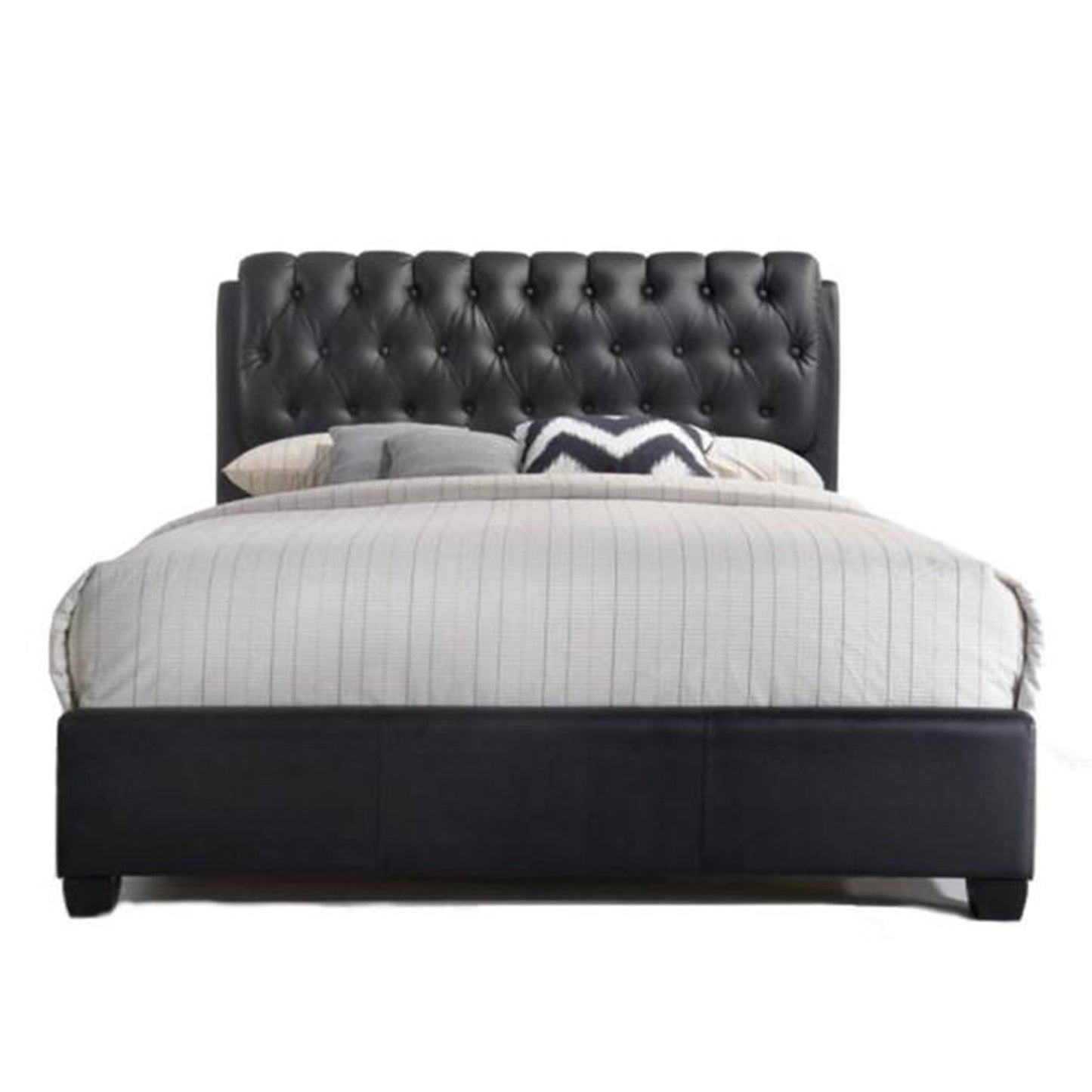 Queen Tufted Black Upholstered Faux Leather Bed With Nailhead Trim