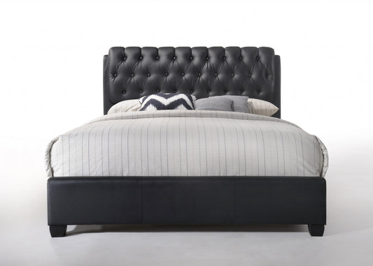 Queen Tufted Black Upholstered Faux Leather Bed With Nailhead Trim