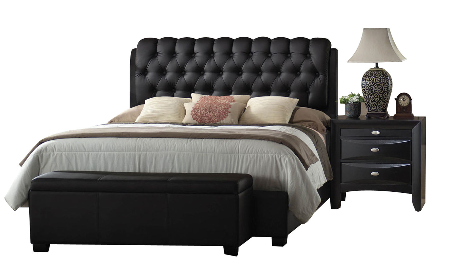 Queen Tufted Black Upholstered Faux Leather Bed With Nailhead Trim