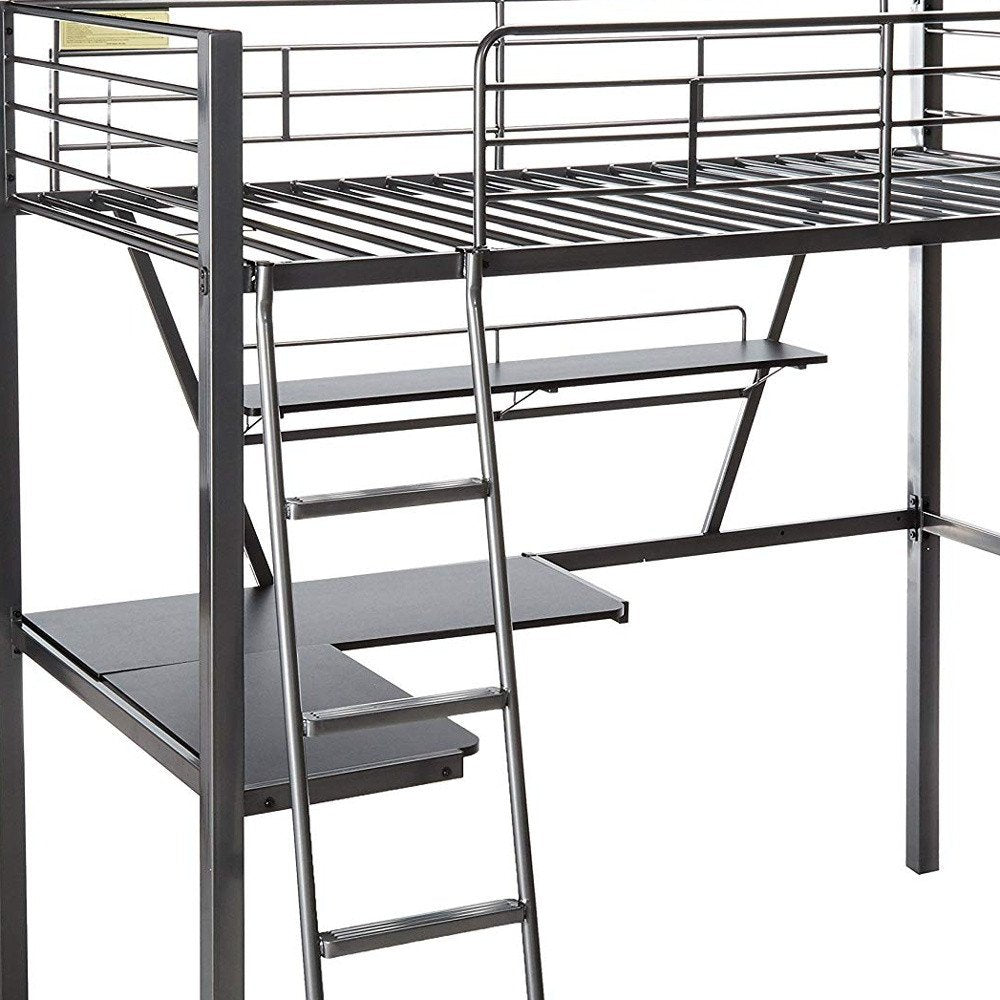 79" X 42" X 72" Silver And Black Metal Tube Loft Bed With Desk