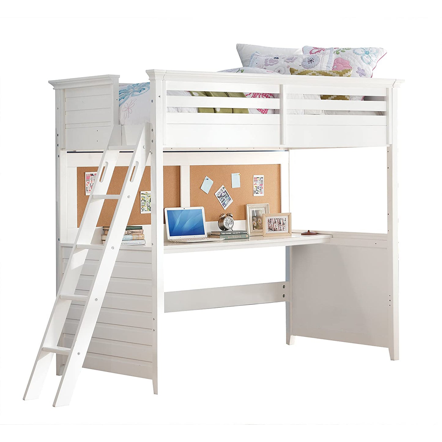 83" X 45" X 74" Twin White Poplar Wood Loft Bed With Desk