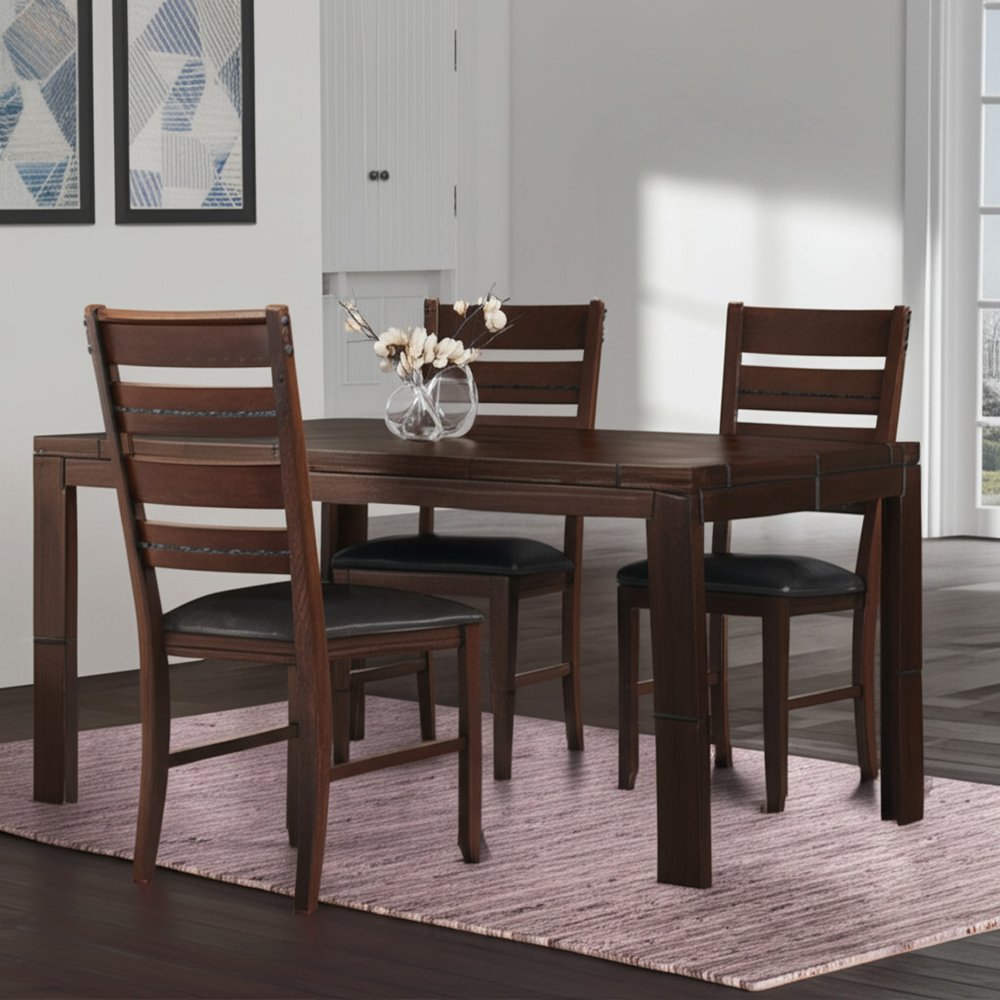 Set of Two Black And Dark Brown Upholstered Faux Leather Slat Back Dining Side Chairs