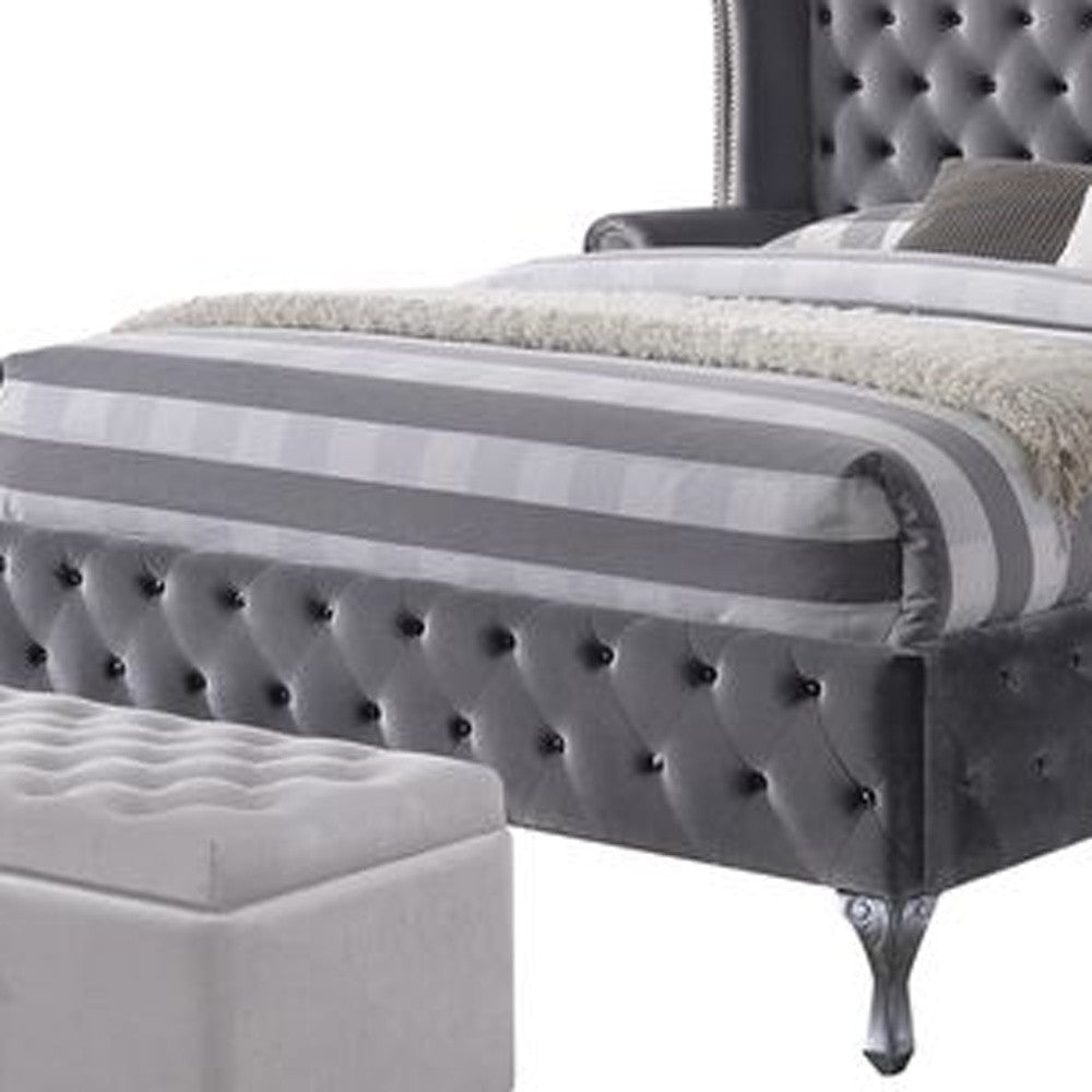 Gray King Tufted Upholstered Velvet Bed Frame with Nailhead Trim