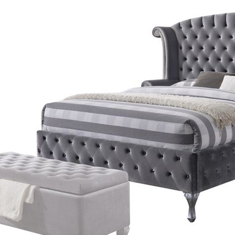 Gray King Tufted Upholstered Velvet Bed Frame with Nailhead Trim