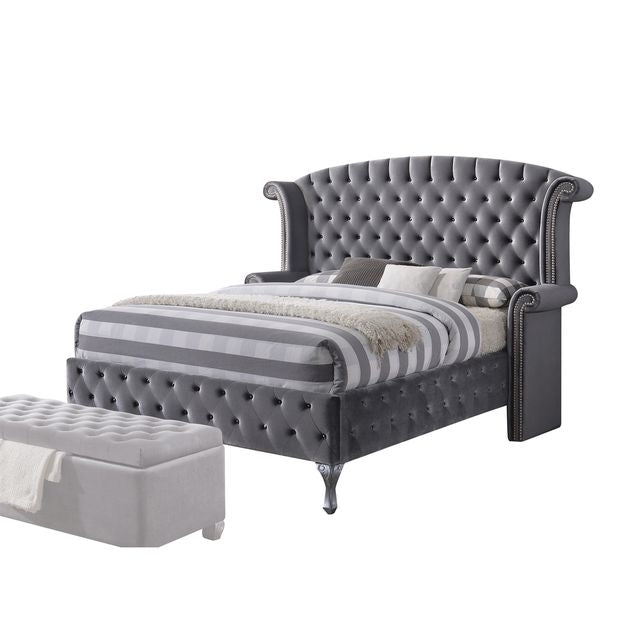 Gray King Tufted Upholstered Velvet Bed Frame with Nailhead Trim