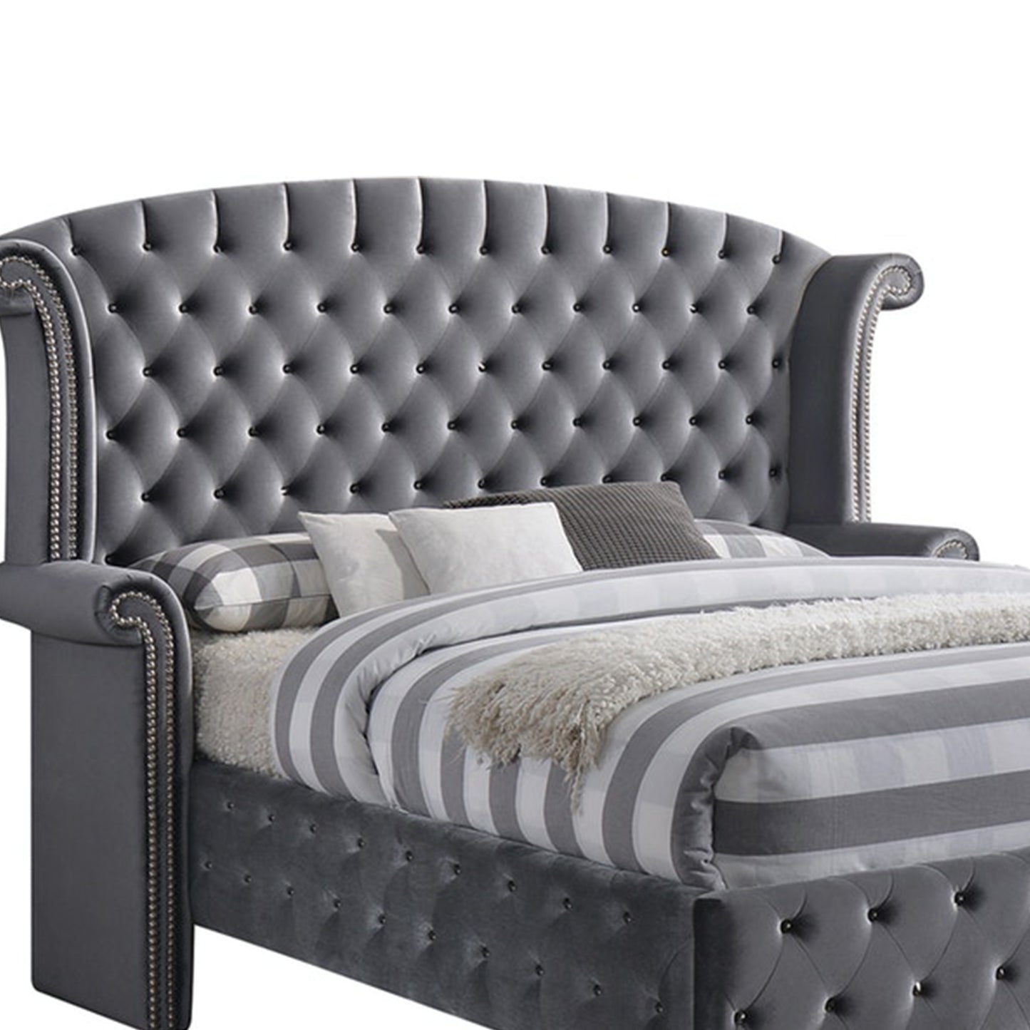 Gray King Tufted Upholstered Velvet Bed Frame with Nailhead Trim