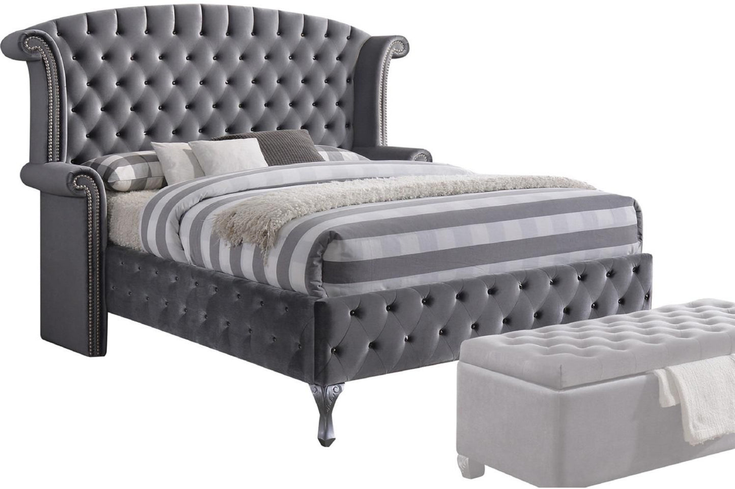 Gray King Tufted Upholstered Velvet Bed Frame with Nailhead Trim