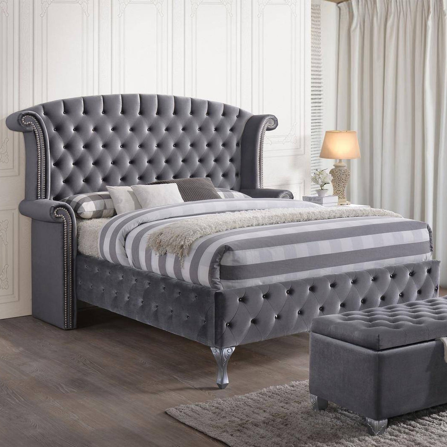 Gray King Tufted Upholstered Velvet Bed Frame with Nailhead Trim