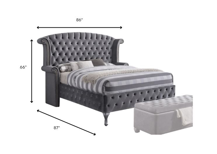 Gray King Tufted Upholstered Velvet Bed Frame with Nailhead Trim