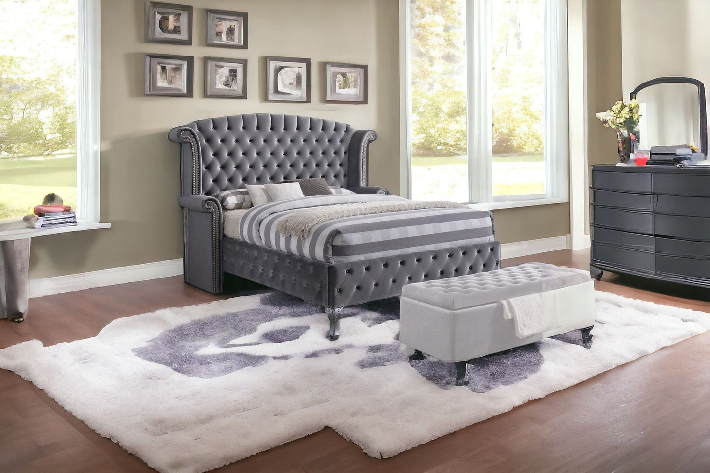 Gray King Tufted Upholstered Velvet Bed Frame with Nailhead Trim