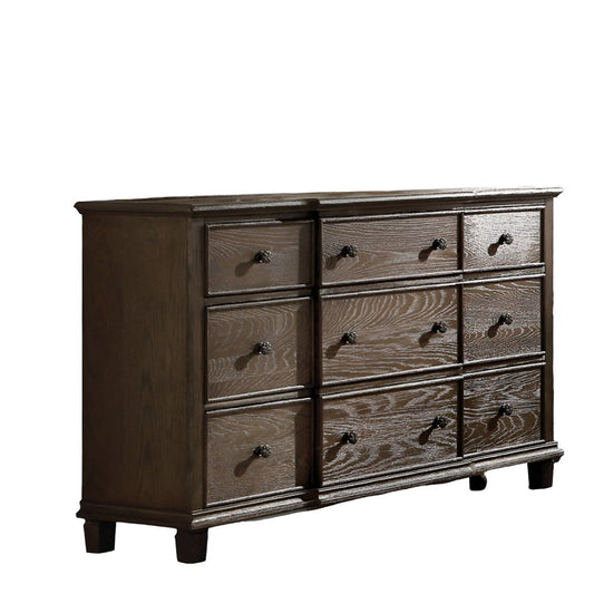 60" Dark Brown Solid Wood Nine Drawer Triple Dresser