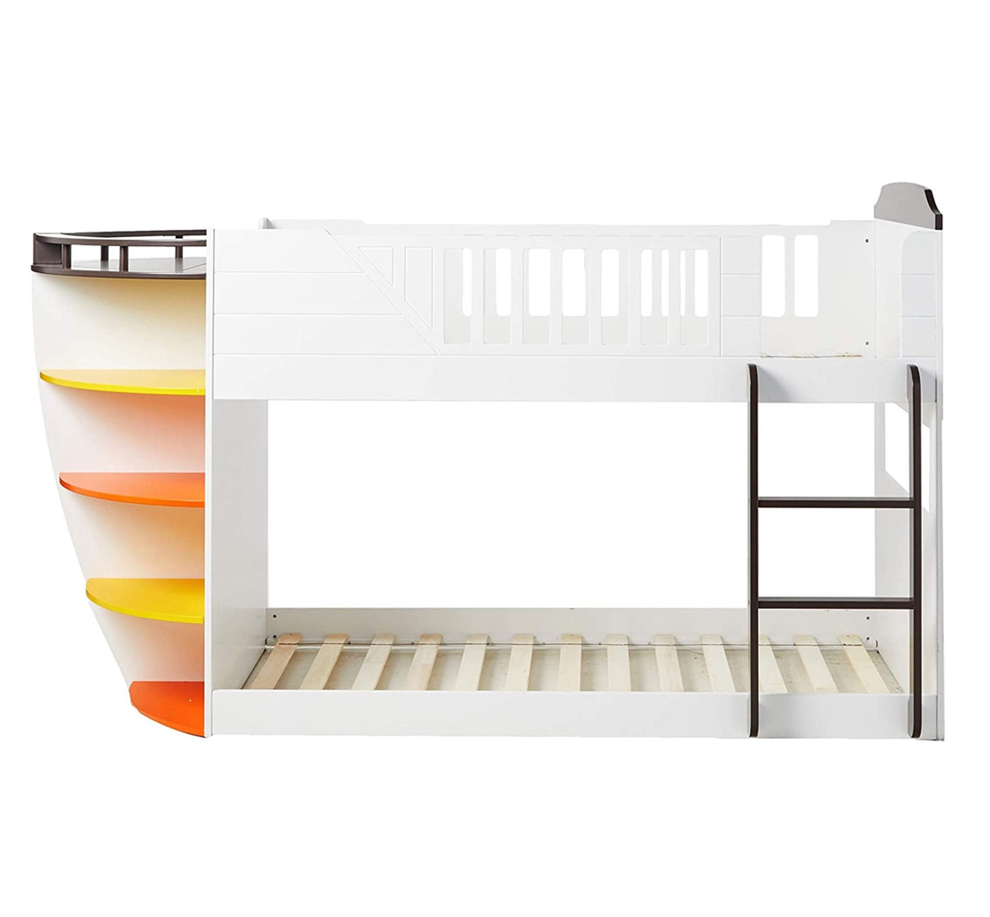 Brown and White Twin Transitional Bunk Bed with Shelves