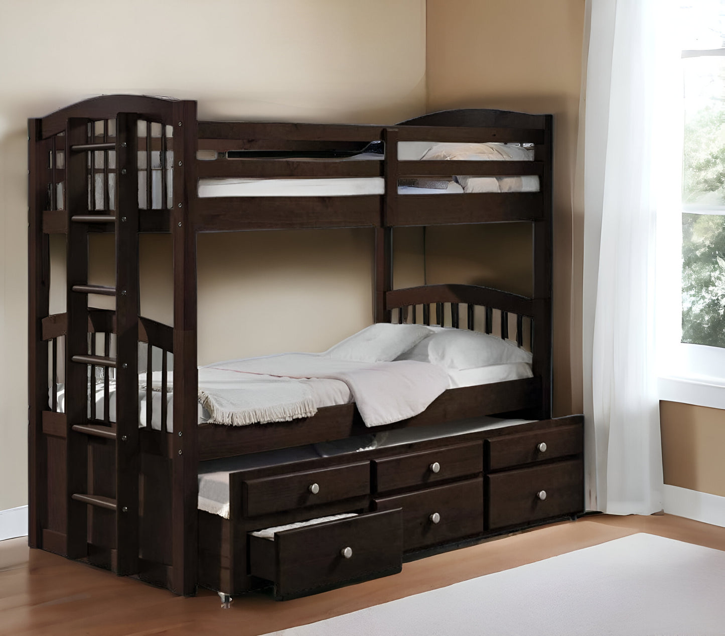 80" X 41" X 71" Espresso Twin Over Twin Bunk Bed And Trundle With 3 Drawers