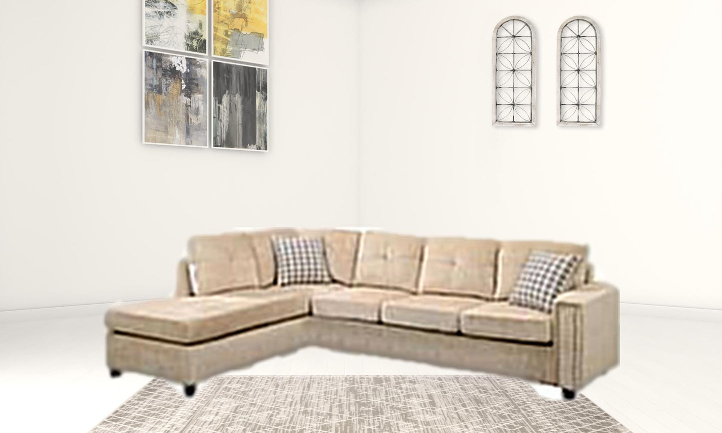 Beige Velvet Stationary L Shaped Sofa And Chaise