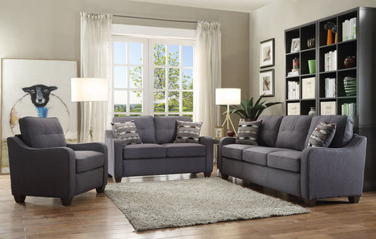 69" Gray Linen Sofa And Toss Pillows With Dark Brown Legs
