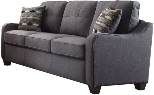 69" Gray Linen Sofa And Toss Pillows With Dark Brown Legs