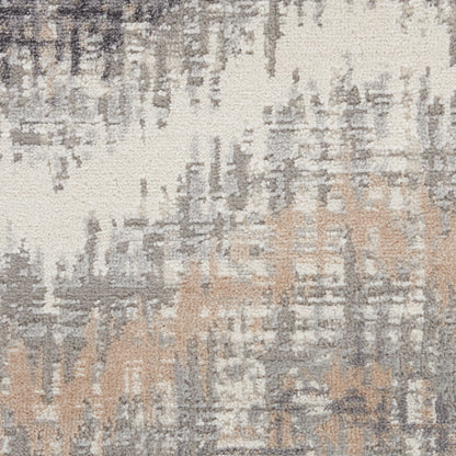 Abstract neutral area rug in ivory, gray, and beige with painterly brushstroke pattern; low-pile, modern decor.
