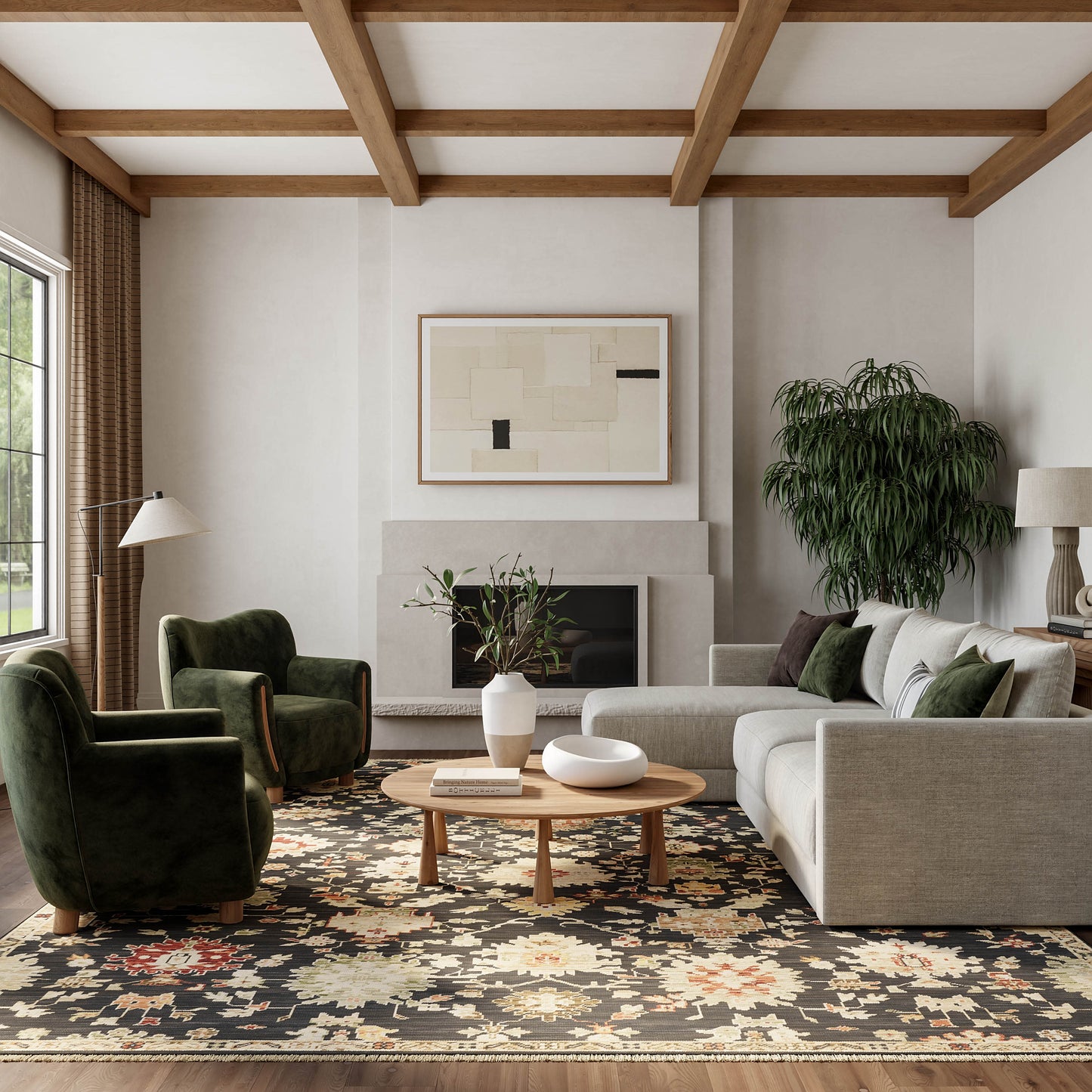 8' x 10' floral rug on the floor under a wood-beam ceiling.