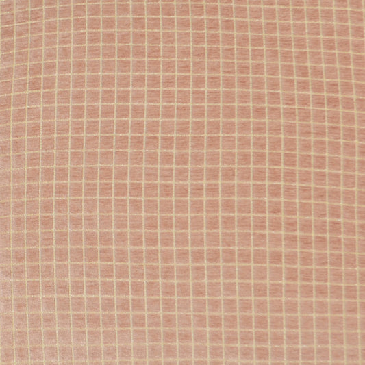 Peach-pink woven fabric with small white square grid pattern; lightweight cotton look, ideal for shirts or summer dresses.