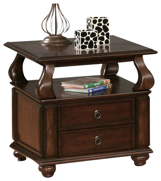 26" Brown Solid Wood Square End Table With Two Drawers And Shelf