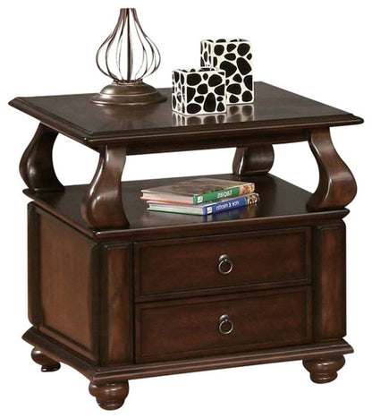 26" Brown Solid Wood Square End Table With Two Drawers And Shelf