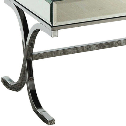 42" Clear and Silver Mirrored Glass And Iron Sled Coffee Table